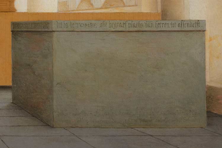 Op het afgebeelde schilderij “Koor en schip van de Sint Odulphuskerk in Assendelft” (2-10- 1649) zijn rouwborden en een rechthoekige grijze graftombe aanwezig. De verwantschap met het centrumobject is opvallend.